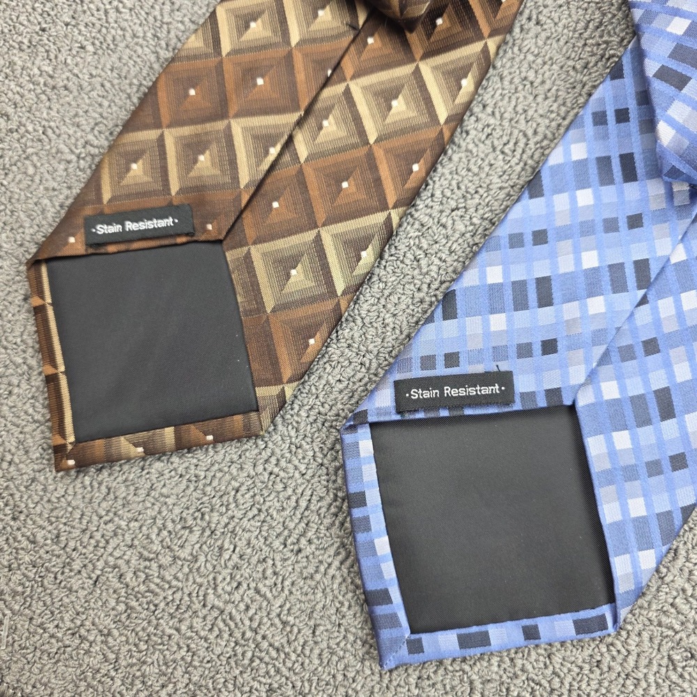 Van Heusen Silk Tie Set Mens Brown Blue Geometric Plaid Stain Resistant OS - Picture 3 of 8